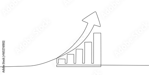 Continuous line vector of a growing bar chart with an upward arrow, symbolizing financial growth, business success, profit increase, positive trend, and economic progress for investment and strategy.