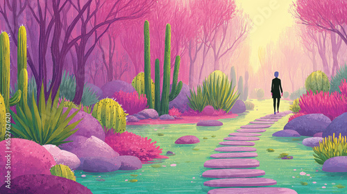 Vibrant flat illustration of a botanical garden featuring exotic plants and lush greenery.