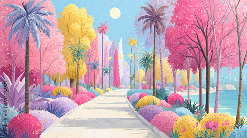 A vibrant flat illustration of a botanical garden featuring exotic plants and lush greenery.