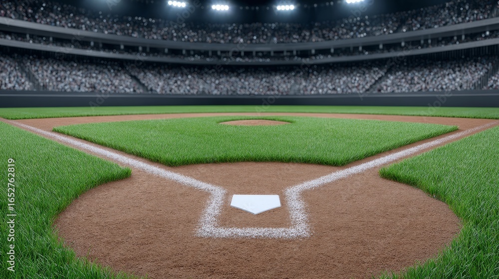 Fototapeta premium Nighttime baseball action at the stadium a cinematic view of lights on the field