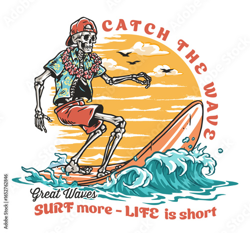 Surfing skeleton enjoying the ocean waves