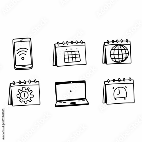 Illustration of smartphone, calendars, globe, gear, laptop, and clock isolated on white background in a simple doodle style