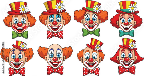 Smiling clown faces collection, colorful circus clowns, funny clown portraits, red nose clowns, polka dot bow ties, striped hats with flower, happy expressions set