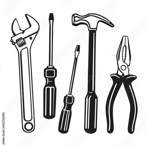 Illustration of essential hand tools including wrench, screwdrivers, hammer, and pliers isolated on white background, perfect for various repair tasks