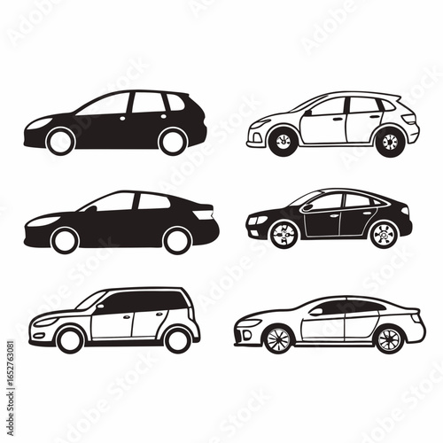 Collection of various car body styles in black and white, showcasing different vehicle types isolated on white background
