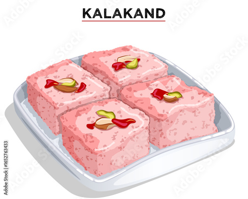 Rose Kalakand with Pistachio and Almond Garnish in Tray - Indian Traditional Confectionery Milk Cake Sweet Illustration
