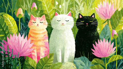 A serene garden scene featuring cats resting under flowers in a flat illustration style.
