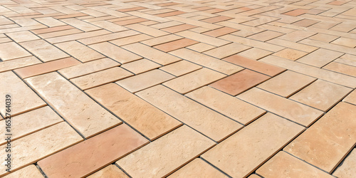 Warm terracotta and cream colored rectangular pavers in herringbone pattern with natural color variations creating rustic Mediterranean-style outdoor flooring design.