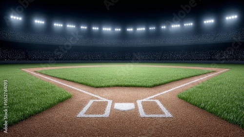 Baseball under stadium lights at night capturing the vivid glow on the field sports photography