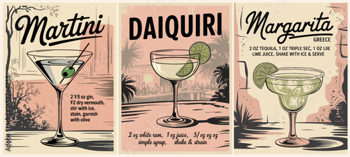 Flat vector illustration set of retro cocktail posters featuring Martini, Margarita, and Daiquiri in vintage sketch style. Classic bar drinks, stylish wall art, timeless mixology design