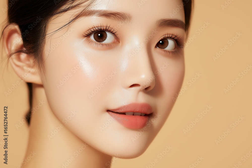 Fototapeta premium Close-up portrait of a young woman with radiant skin and subtle makeup, smiling softly.