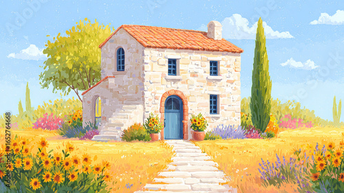 Vibrant flat illustration of a garden featuring tall sunflowers, perfect for nature-themed designs.