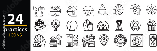 24 Practices Icon Set: A clean and informative collection of 24 practice icons is neatly arranged on a dark background. 