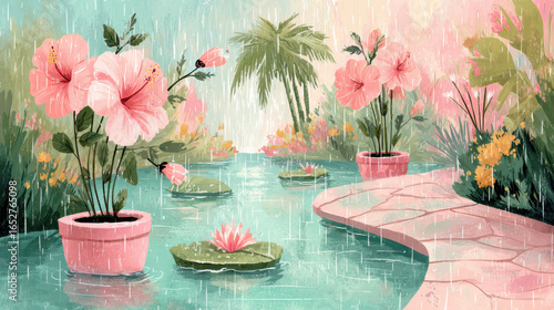 Lush garden scene featuring rain and puddles in a flat illustration style.