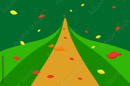 green pathway covered in fallen colorful petals