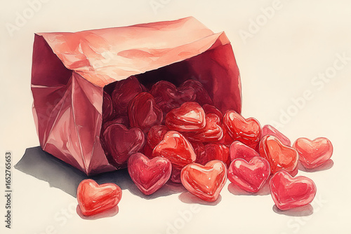 Playful Valentine's illustration of glossy red heart-shaped candies pouring out of a hand-painted pink paper gift bag