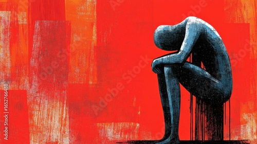 Pixelated Silhouette of Sad Figure Against Textured Red Backdrop Embodying Emotional Distress