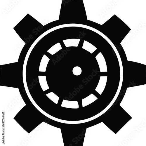 Stylized black gear symbol with inner cogwheel detail and eight outer spokes on white background