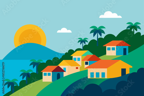 hillside houses facing sunlit tropical bay