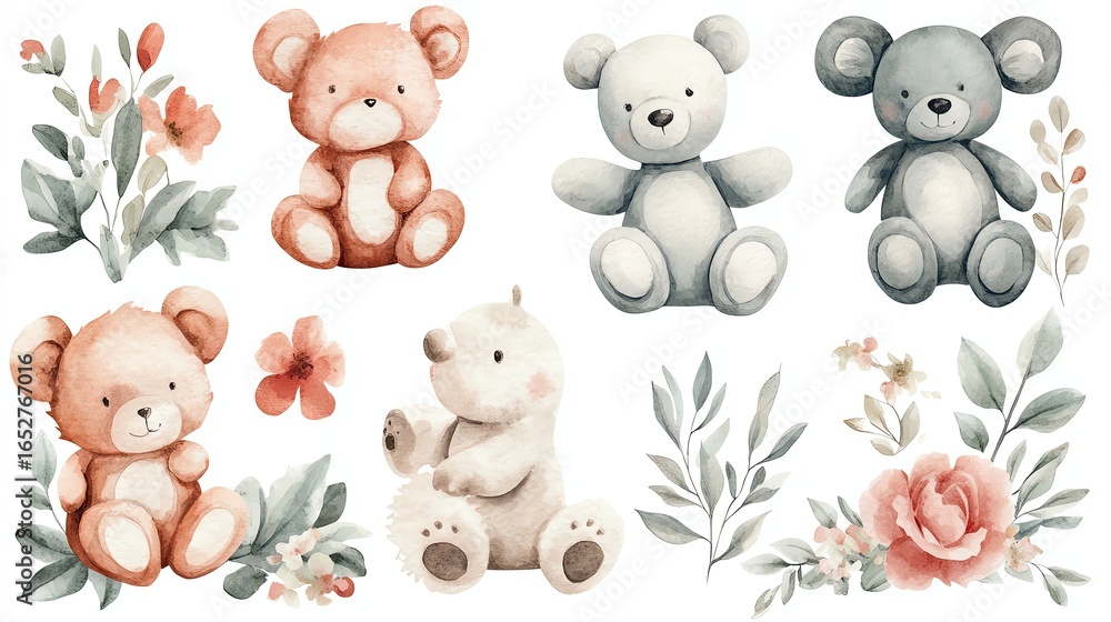 Obraz premium Cute teddy bears with floral elements in pastel colors.
