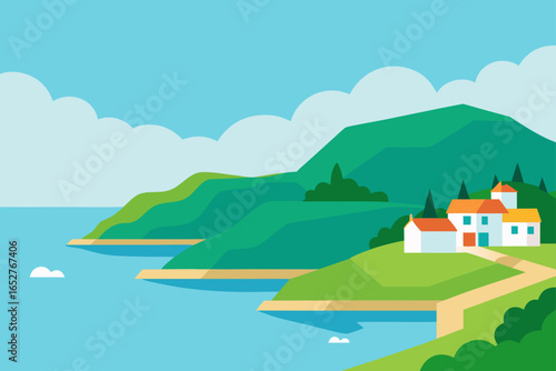  island bay at midday with green slopes and calm wa