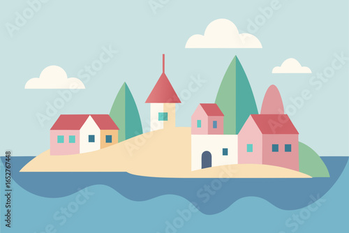 sland coastline with pastel homes and sailboats