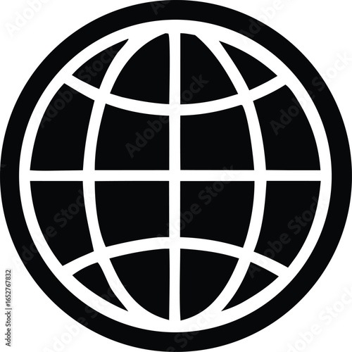 Iconic black and white globe symbol representing the internet global connectivity and worldwide information access