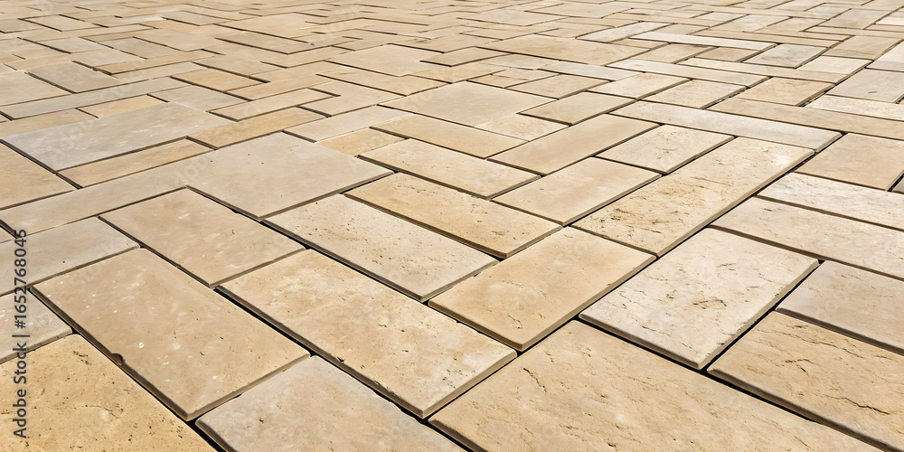 Fototapeta premium Light beige limestone paving stones in herringbone arrangement with subtle color variations and smooth weathered surface texture throughout.