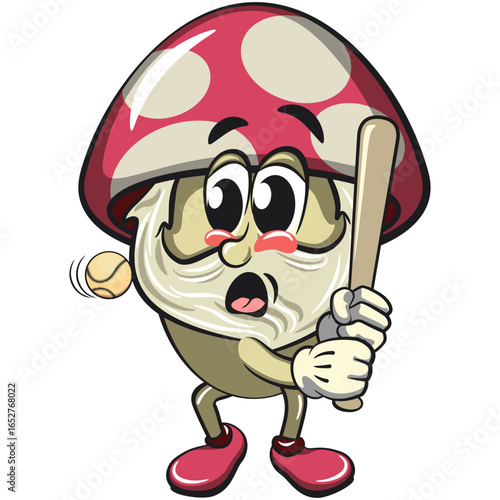 cute mushroom character cartoon mascot vector illustration playing baseball, work of hand drawn
