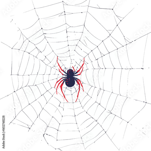stylized black spider with red legs sits prominently in the center of a detailed spiderweb. Ideal for Halloween themes, nature blogs, or suspenseful content