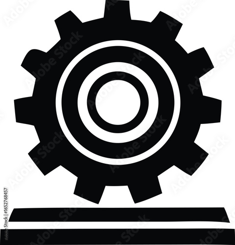 Bold black silhouette of a cogwheel with concentric circles on a simple horizontal line