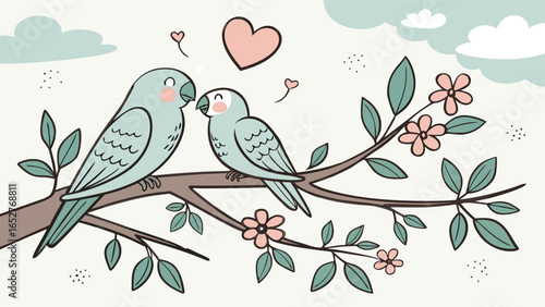 Two lovebirds on a branch with heart between them.