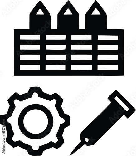 Industrial factory with smokestacks a gear and a syringe symbolizing manufacturing engineering and healthcare or pharmaceutical industries