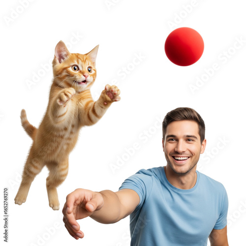 Joyful orange kitten leaps to catch red ball thrown by smiling man