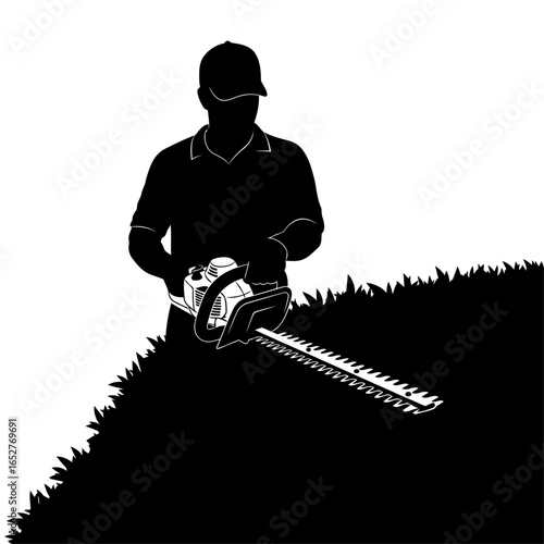 gardener silhouette with hedge trimmer transparent background for design