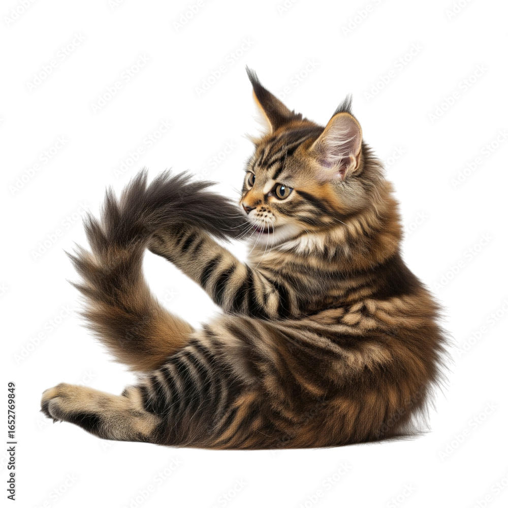 Fototapeta premium Playful maine coon kitten with fluffy tail on black background