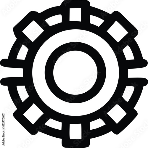 Abstract geometric circular emblem with radiating spokes and square elements symbolizing power and unity in a bold black outline