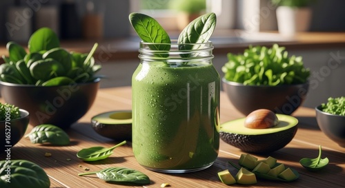 Vibrant green smoothie in a glass jar, surrounded by fresh spinach and avocado slices on a wooden table