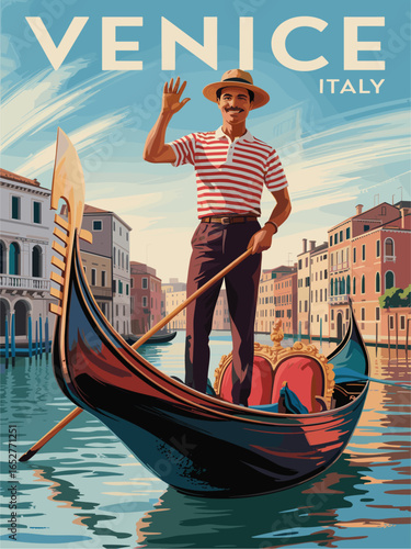 Retro mid-century modern Venice travel poster featuring a gondolier on a decorated gondola in the Grand Canal, impressionist oil painting style with warm vibrant brushstrokes