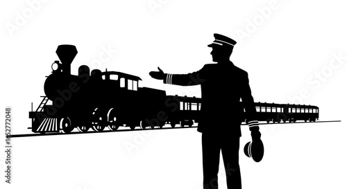 transparent background conductor silhouettes signaling vintage steam train