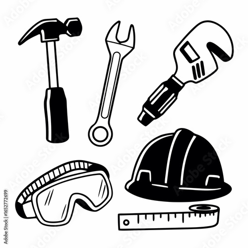 Collection of construction and safety tools including a hammer, wrench, helmet, and goggles isolated on white background for various projects