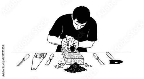 transparent background illustration craftsman using wood plane for design projects