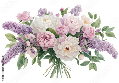 Romantic floral bouquet with pink peonies and purple lilacs on white background