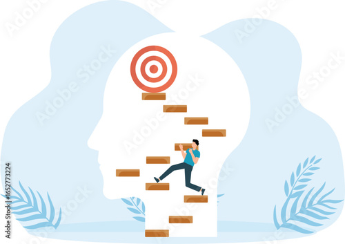 Businessman running on stair to goal , vision and opportunities on head human for target further Growth mindset concept
