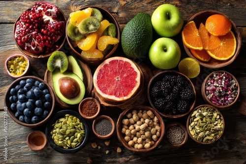 Assorted fresh fruits and vegetables in small bowls on a rustic wooden surface. Colorful display of various healthy foods