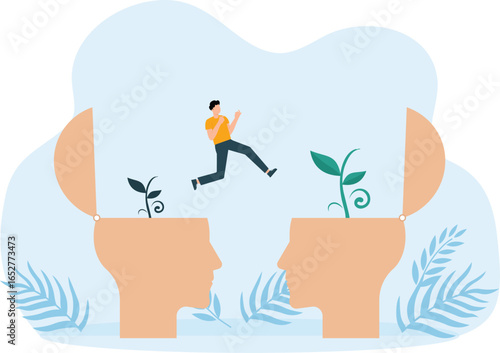 Businessman crossing the stair on head human big Big head growth mindset different fixed mindset think mind set concept
