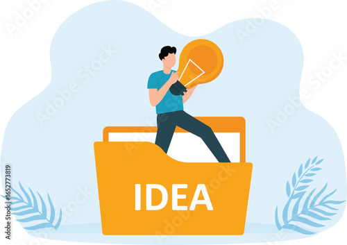 Man stealing lamp bulb from file and intellectual property and copyright in form electric lamp concept
