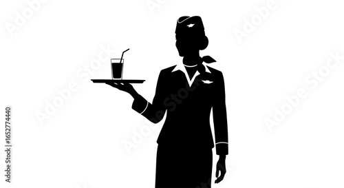 transparent background silhouette flight attendant serving drink perfect for websites
