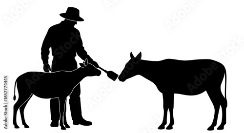 transparent background silhouette farmer feeding cattle isolated vector illustration