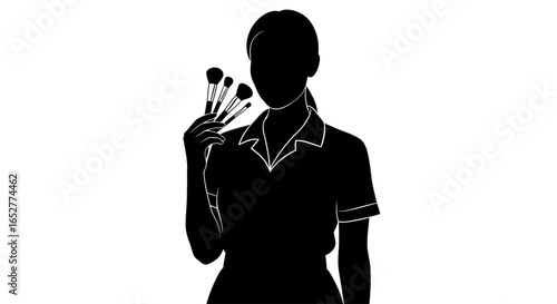 transparent background silhouette makeup artist with brushes ready for design